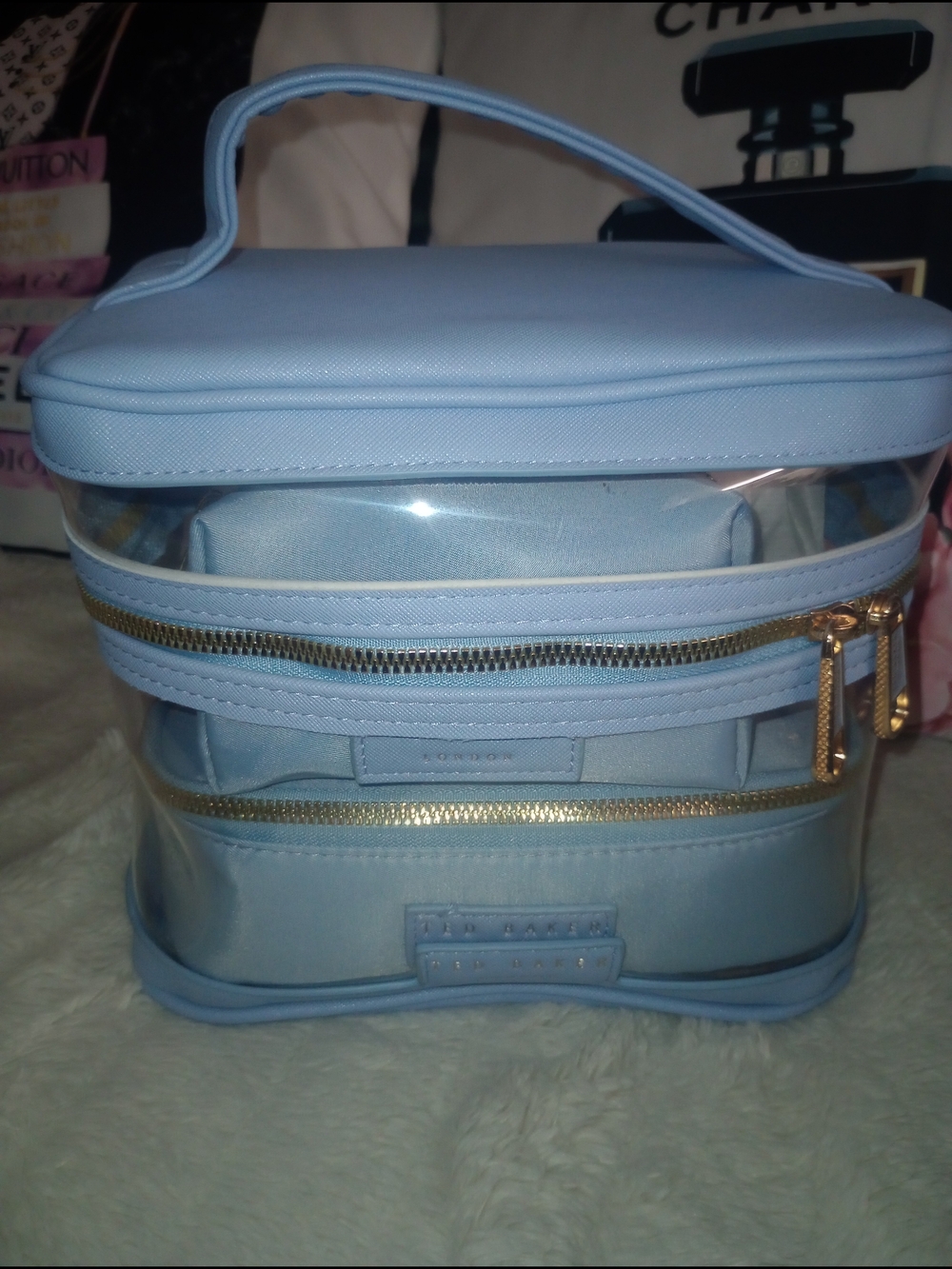 Ted Baker London Light Blue Clear Cosmetic Case Set with Gold Zippers